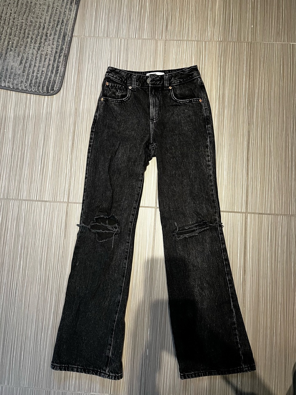 Garage Woman’s Black Ripped Knee Wide Leg Jeans, Mid-High Waisted